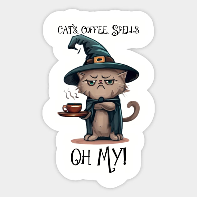 Cats, Coffee, Spells Oh My! | Witch Cat Sticker by GrinTees